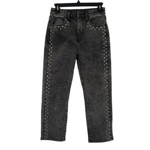 AQUA Womens Size 24 Black Acid Wash Embellished‎ Studded Straight Leg Jeans